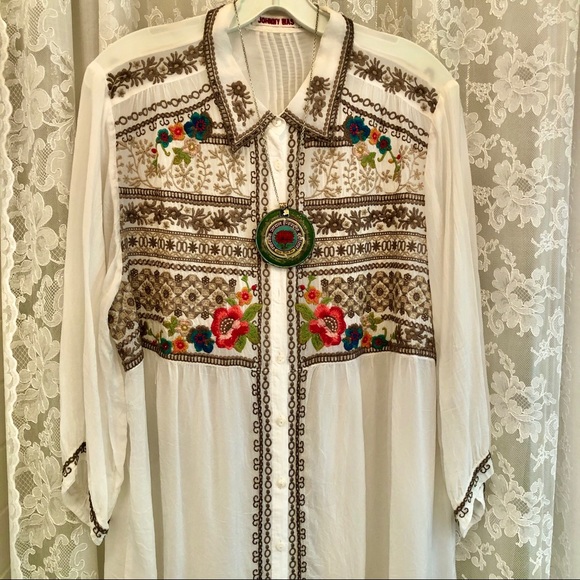 JOHNNY WAS * NWOT Sheer Embroidered Button Front Collared Top - Picture 1 of 4